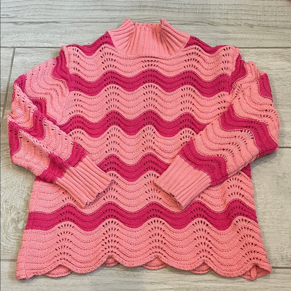 Chic Pink Wave Knit Turtleneck Sweater